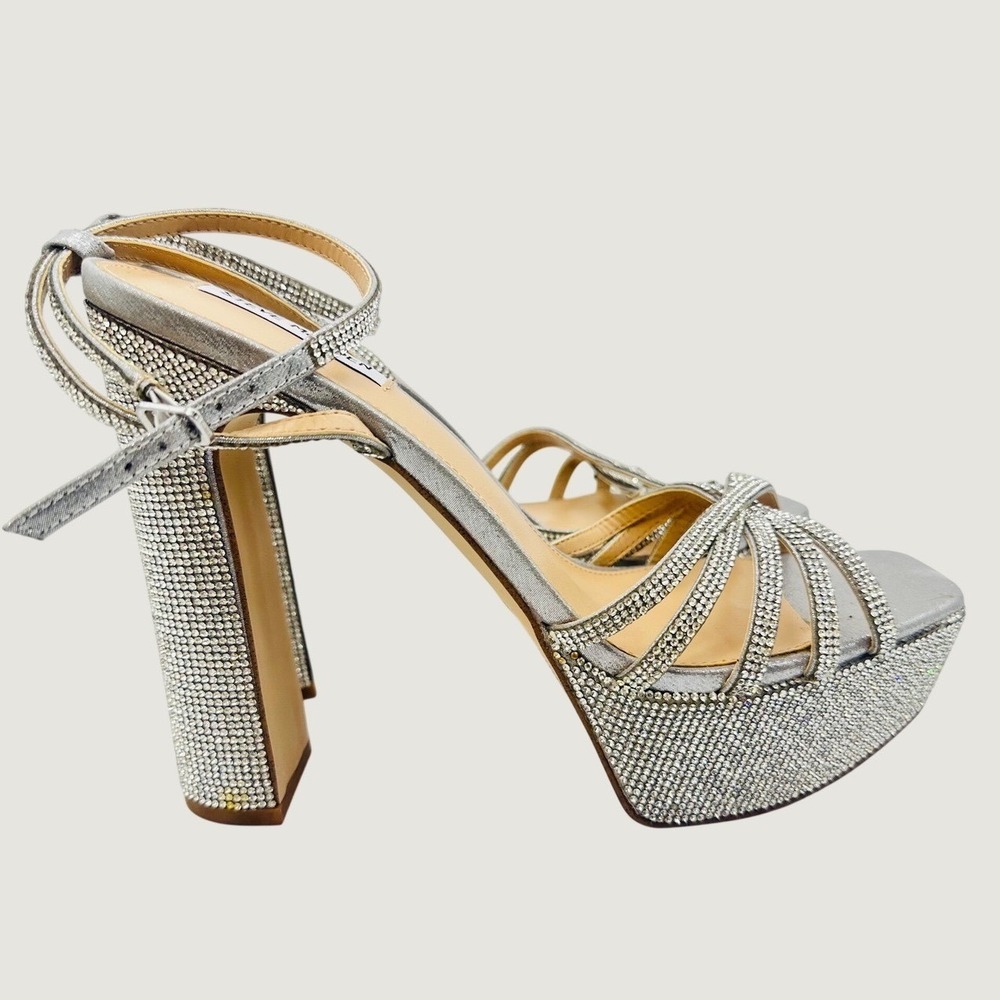 Steve Madden Rhinestone Platform Sandals Silver Metallic Block Heel Size 11